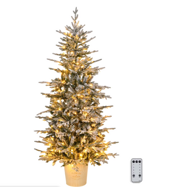 Matladin 6ft Potted Flocked Christmas Tree with 250 Incandescent Warm White Lights, 709 Branch Tips