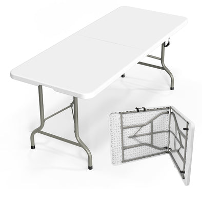 Bonnlo Folding Table 6ft, Portable Collapsible Plastic White Long Tables for Party, Camping, Banquet, Craft, Dining, Wedding, Outdoor and Indoor Use