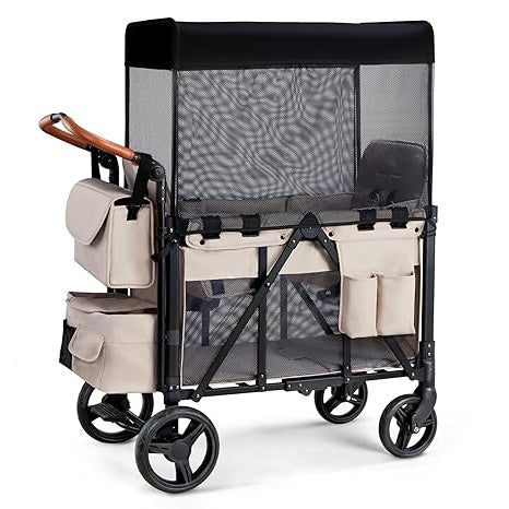 Bonnlo Wagon Stroller for 2 Kids,Foldable All-Terrain Wagon for Toddler with Canopy,5 Point Harness,Adjustable Handlebar,Shoulder Bag