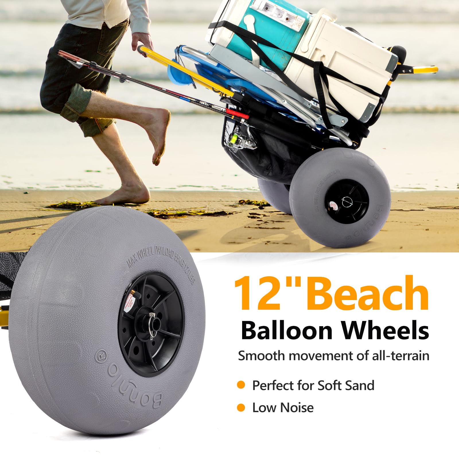 bison folding fishing seat box trolley with pneumatic tyres Bonnlo Beach Fishing Cart, with 12" Big Balloon Wheels for Sand Foldab – bonnlo