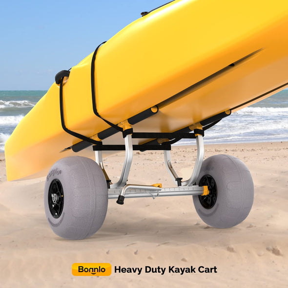 Bonnlo Kayak Beach Cart, Width Adjustable 6.3"-18.7" Universal Canoe Dolly Heavy Duty Kayak Trolley with 12" Balloon Beach Wheels, Kickstand, and Free Pump, Sturdy 330 Lb Weight Capacity