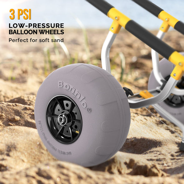 Bonnlo Kayak Beach Cart, Width Adjustable 6.3"-18.7" Universal Canoe Dolly Heavy Duty Kayak Trolley with 12" Balloon Beach Wheels, Kickstand, and Free Pump, Sturdy 330 Lb Weight Capacity