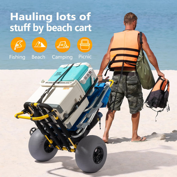 Bonnlo Beach Fishing Cart, with 12" Big Balloon Wheels for Sand Foldable Beach Trailer  Rods Holder, Water Bottle Holder, Mesh Bag, Hand Pump