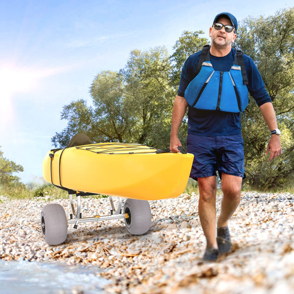 Bonnlo Kayak Beach Cart, Width Adjustable 6.3"-18.7" Universal Canoe Dolly Heavy Duty Kayak Trolley with 12" Balloon Beach Wheels, Kickstand, and Free Pump, Sturdy 330 Lb Weight Capacity