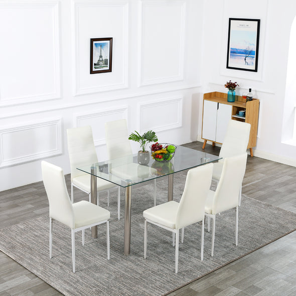 Bonnlo 7-Piece Kitchen Dining Table with Chairs,Clear&White
