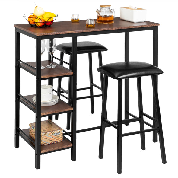 Bonnlo 3-Piece Pub Table with 2 Upholstered Stools & 3 Open Storage Shelves
