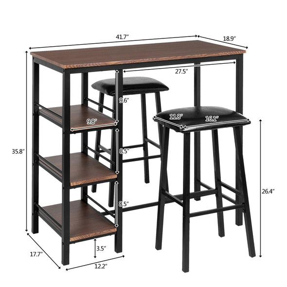 Bonnlo 3-Piece Pub Table with 2 Upholstered Stools & 3 Open Storage Shelves